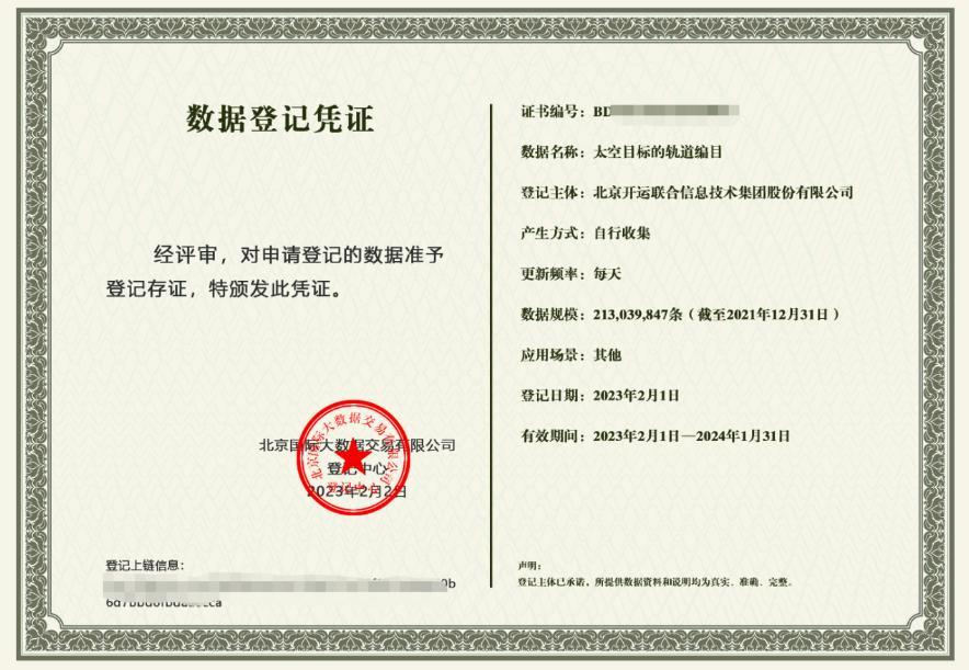 全国首批数据资产化试点项目数据登记凭证